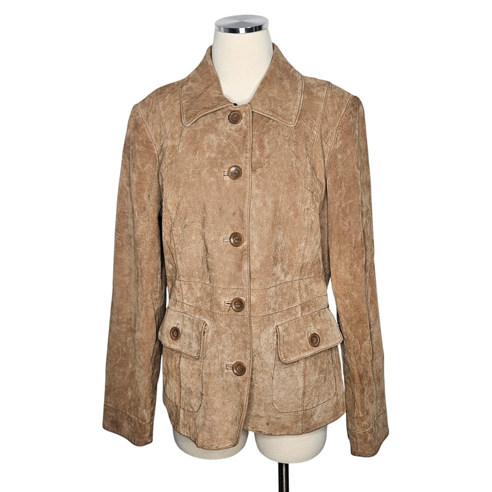Alfani Brown Suede Leather Jacket Button Front Classic Blazer Women's L‎